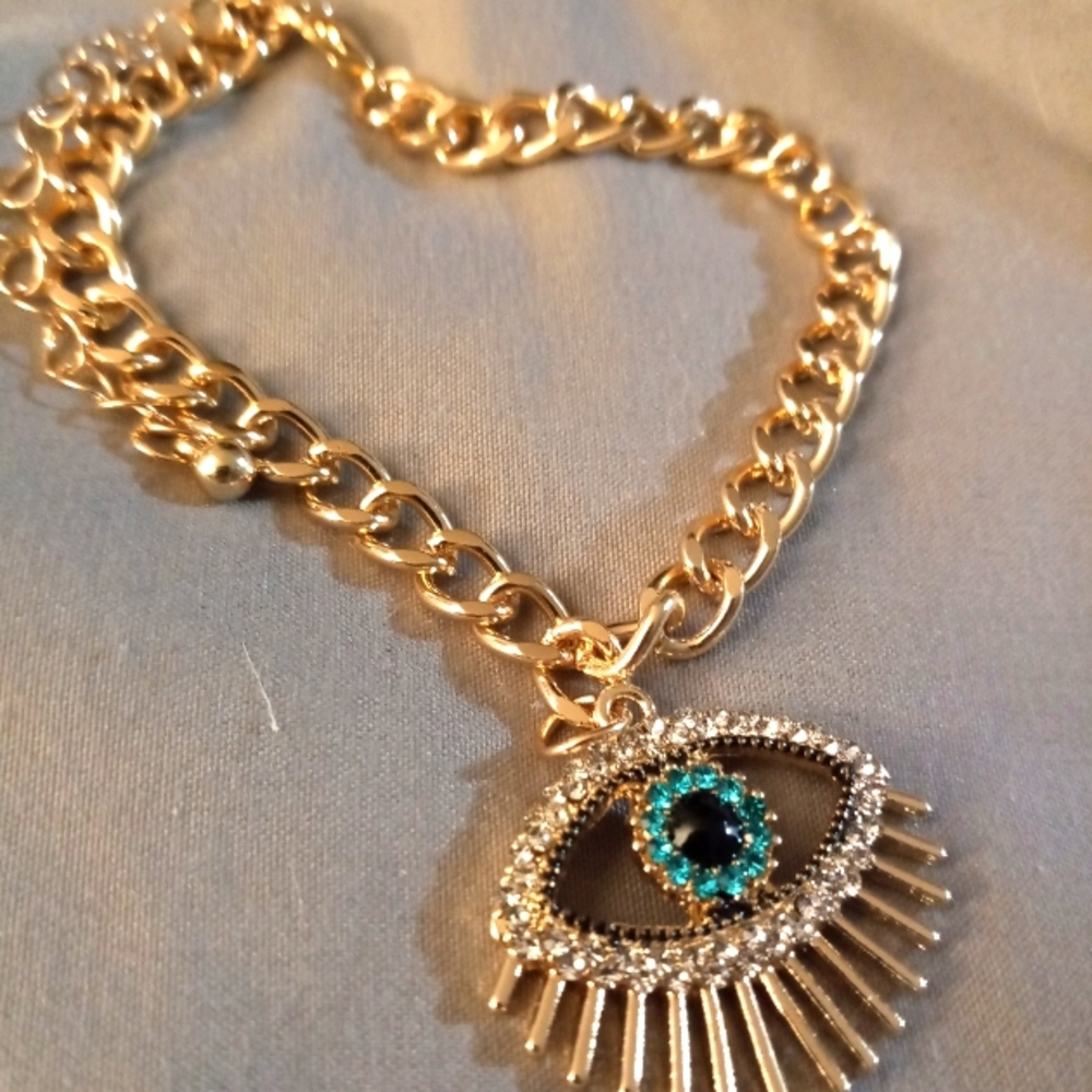 GOLD EVIL EYE BRACELET/ANKLET BLUE TOPAZ/WHITE FITS 6to10in